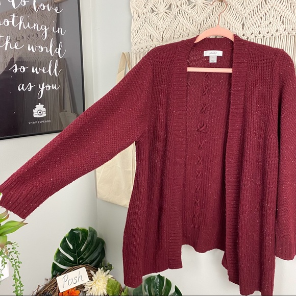 CJ Banks Lace Up Back Heathered Maroon Knit Sweater Cardigan Size 1X - Picture 1 of 11